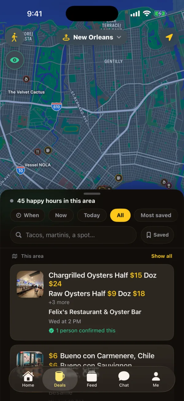 The SipTrack app showing happy hours on a map of New Orleans, with venue listings below it