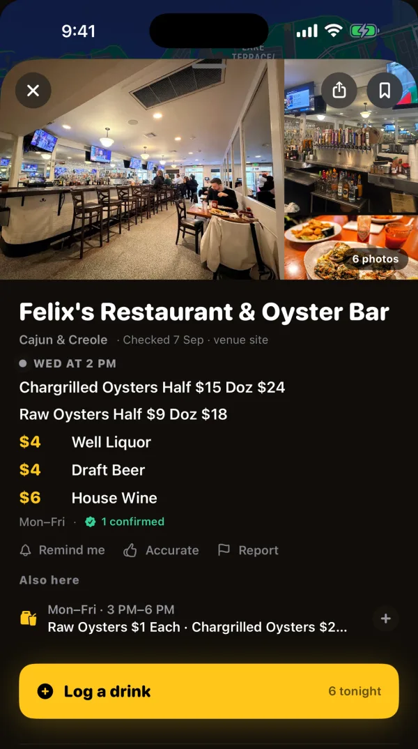 A SipTrack venue page showing the venue's photo, its happy-hour offers, the schedule, and where the listing came from